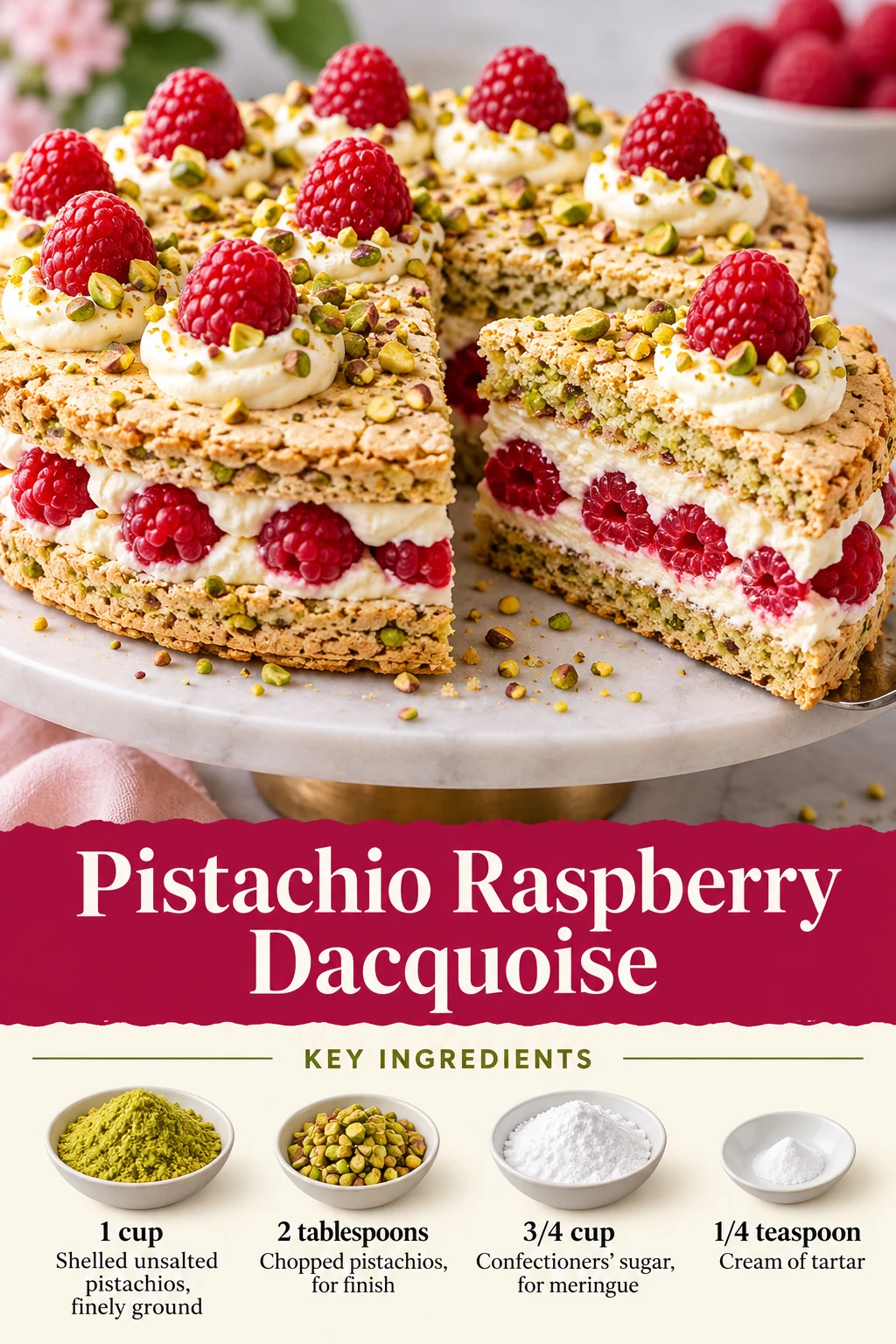 Pistachio raspberry dacquoise Pin showing meringue layers, cream, raspberries and selected ingredients.