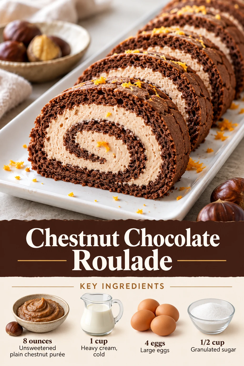 Chestnut chocolate roulade Pin with a cream-filled spiral slice, title and selected ingredient quantities.