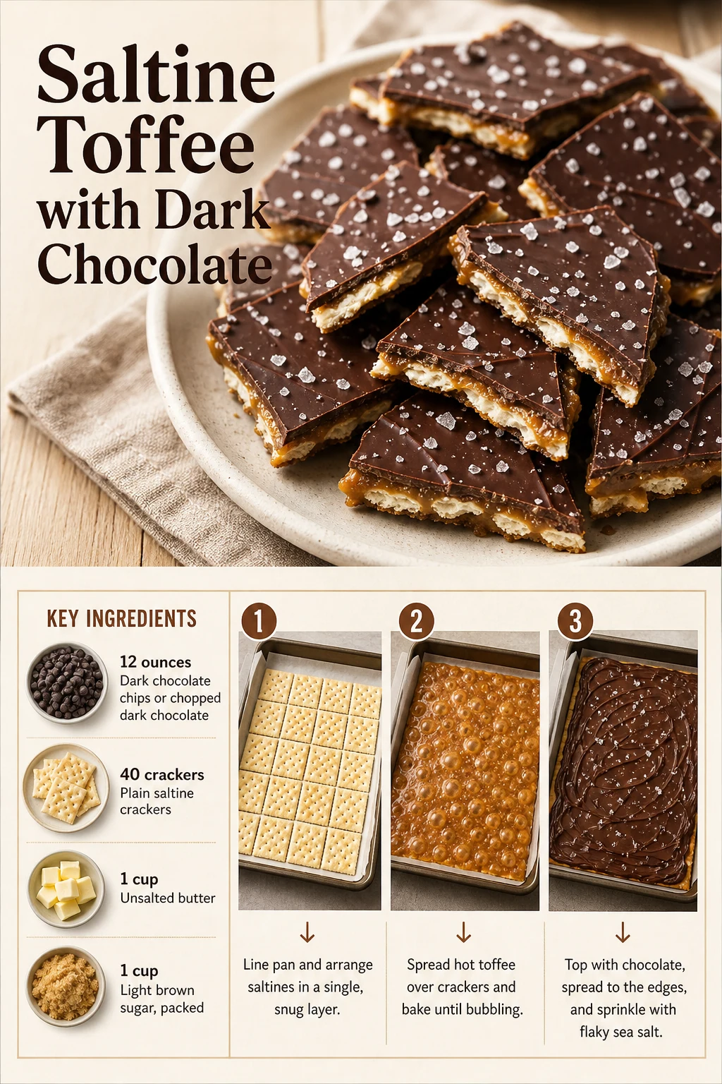 Portrait arrangement of layered dark chocolate saltine toffee shards on a cream surface