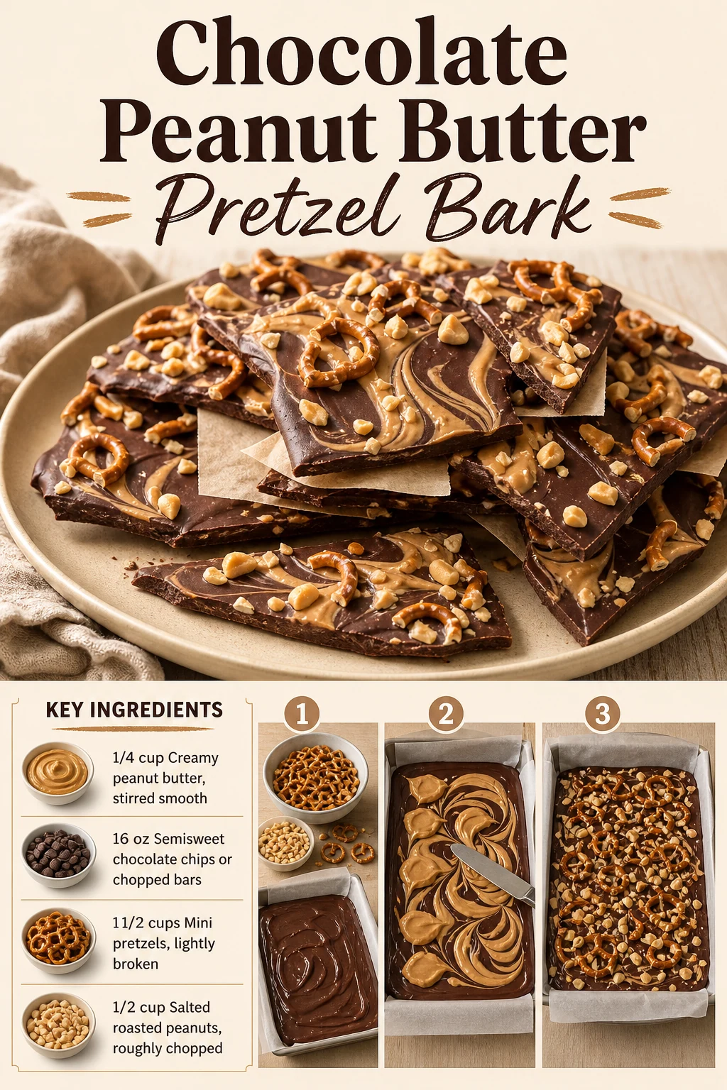 Portrait chocolate pretzel bark graphic with peanut butter swirls and exact recipe title