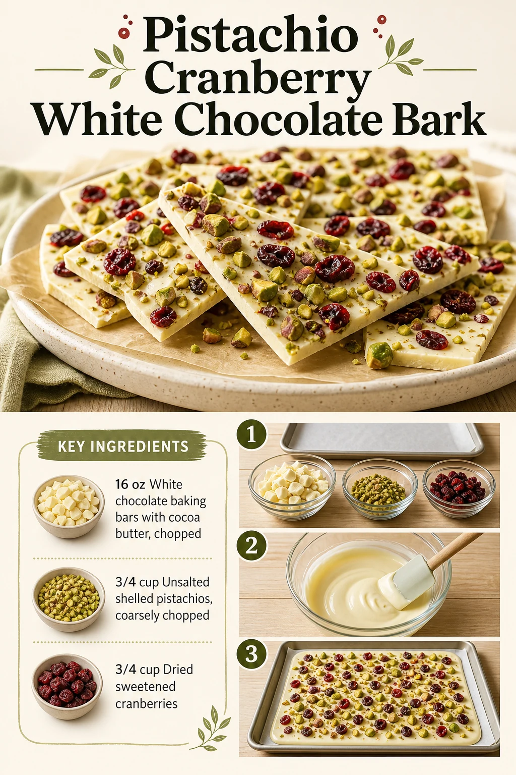 Portrait pistachio cranberry white chocolate bark graphic with exact gift-treat title