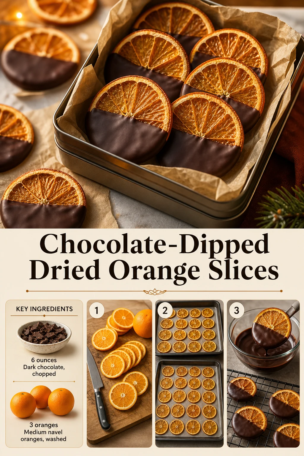 Portrait arrangement of dried chocolate-dipped oranges with exact recipe title