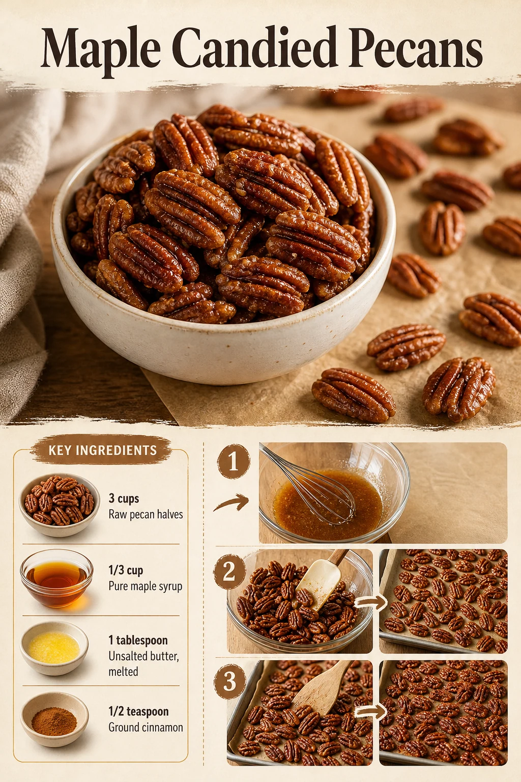 Portrait maple pecan snack bowl and close-up with exact recipe title