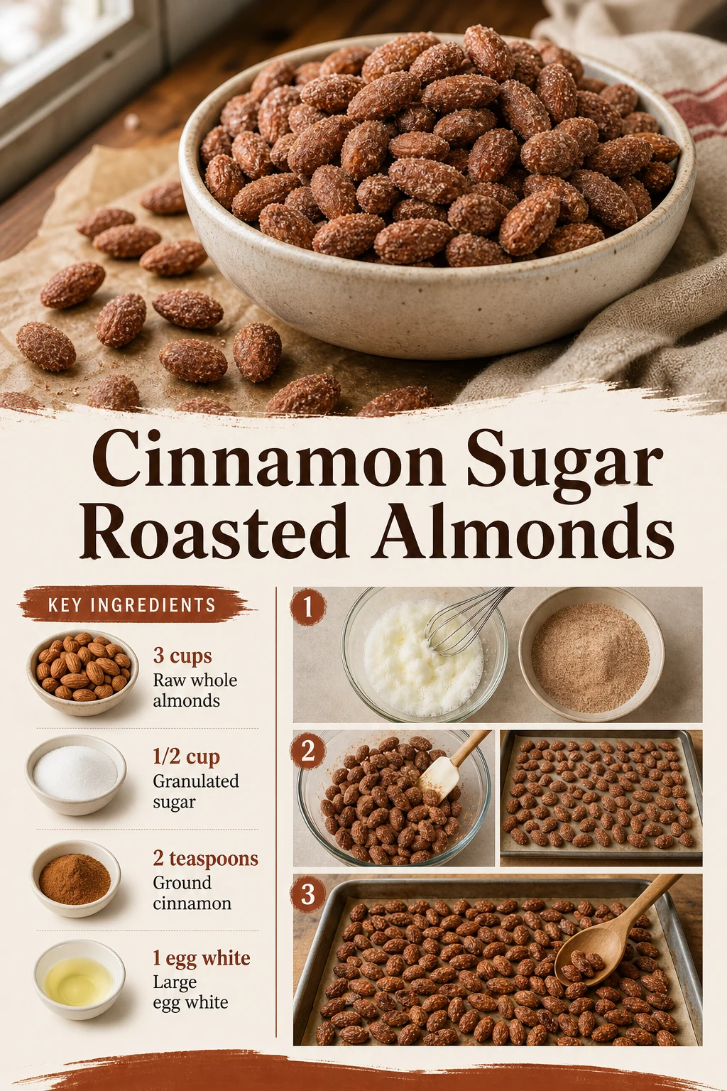 Portrait cinnamon-coated whole almonds and close-up with exact title