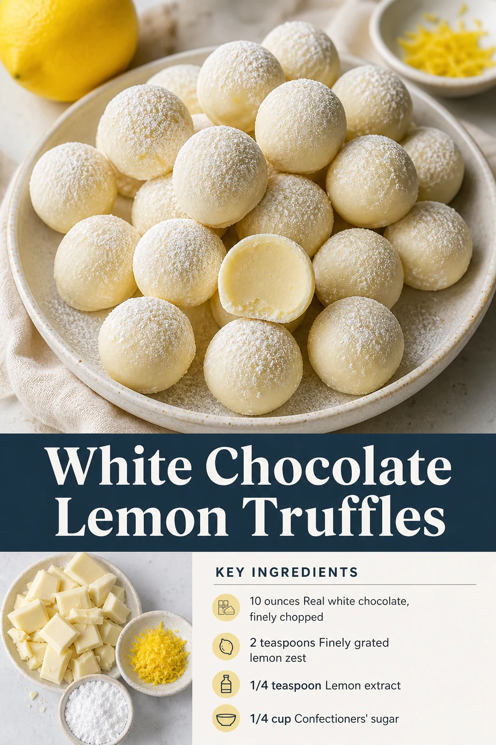 Portrait white chocolate lemon truffles with a legible title