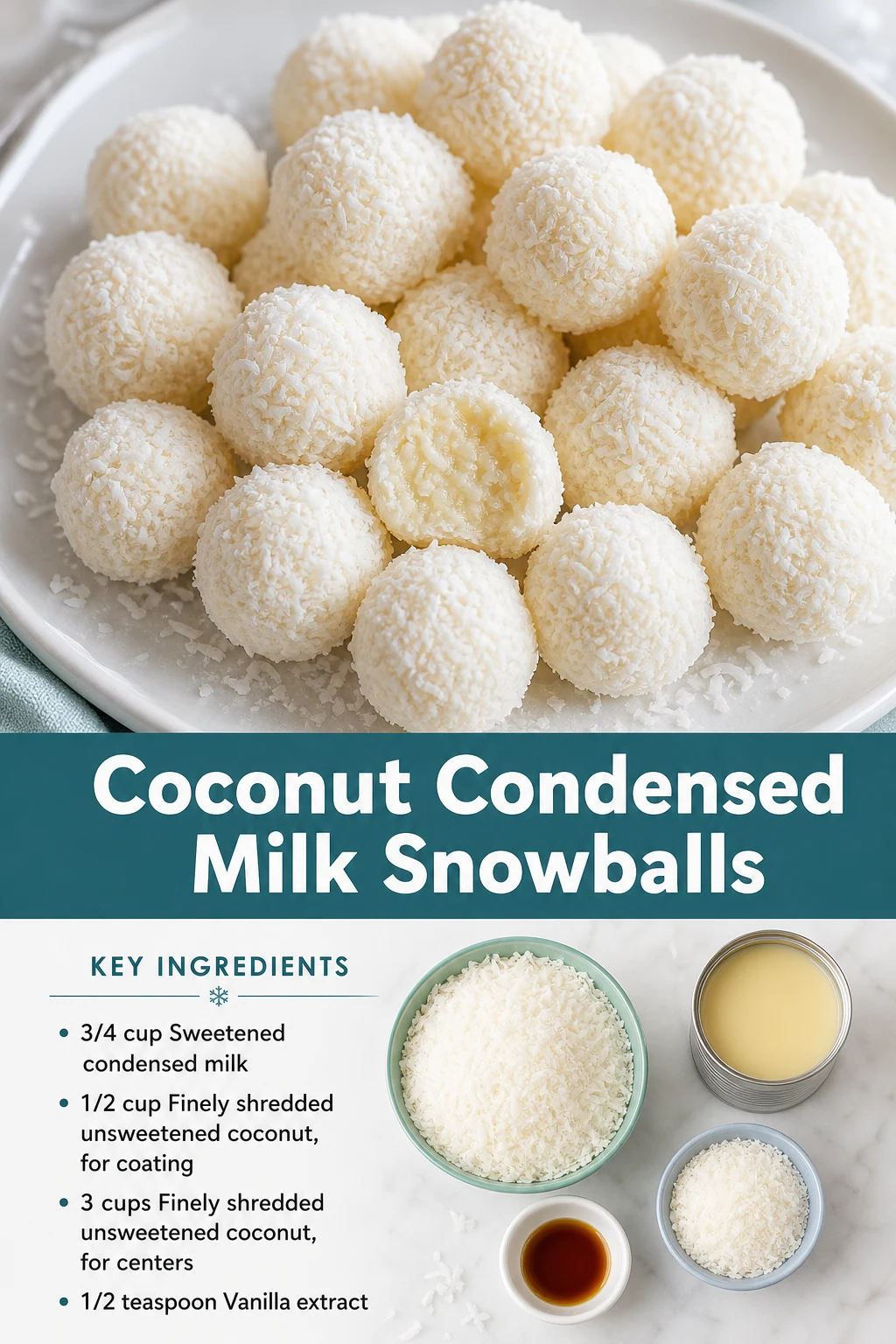 Portrait no-bake coconut condensed milk snowball graphic