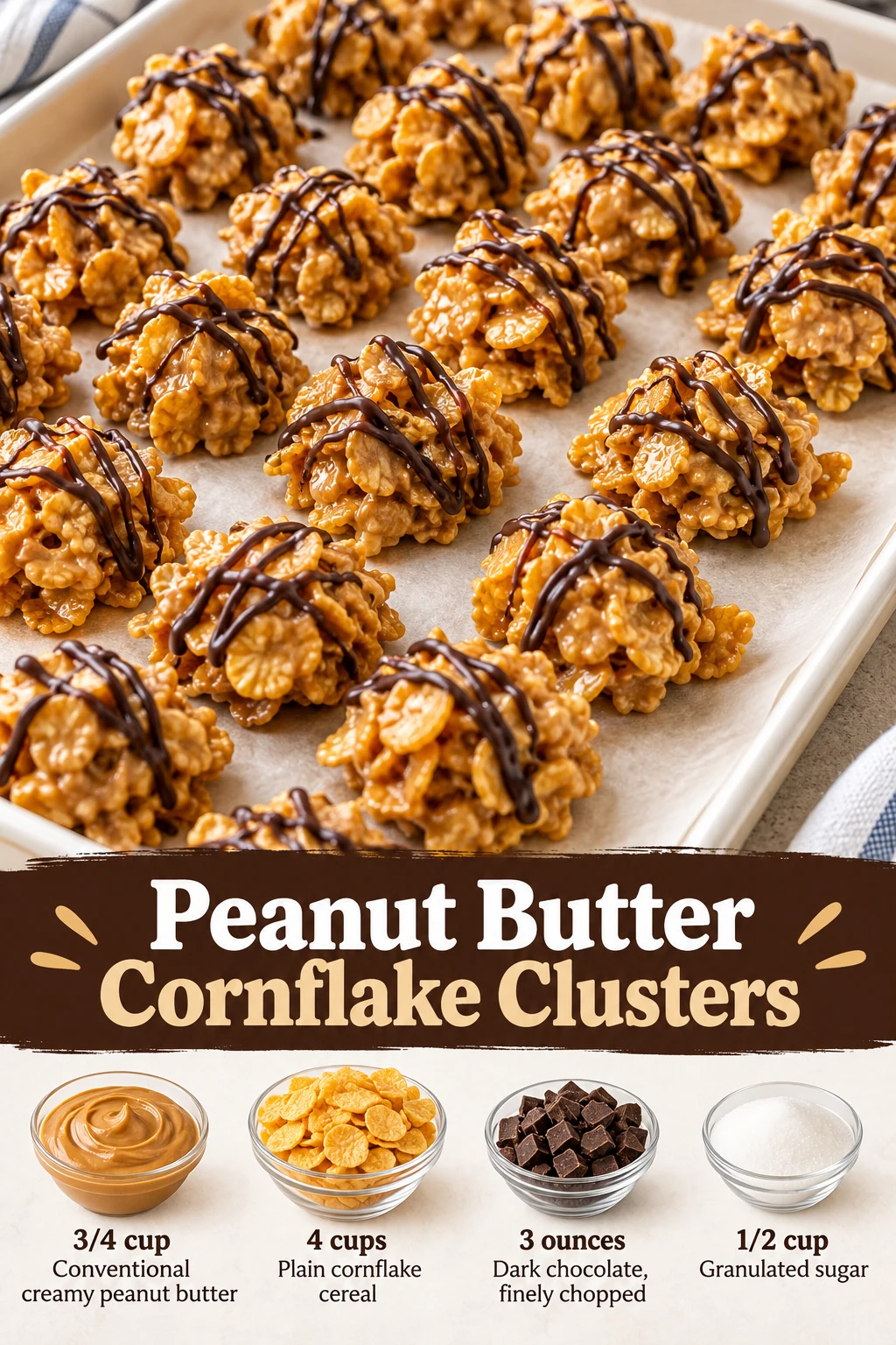 Peanut butter cornflake clusters Pin with chocolate-drizzled clusters and selected ingredient quantities.