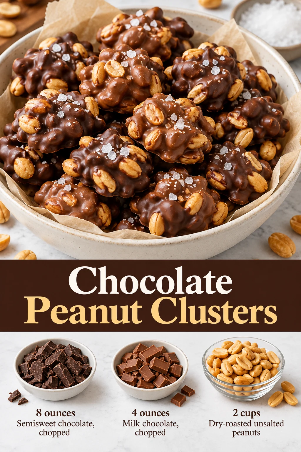 Chocolate peanut clusters Pin showing chocolate-coated peanuts, title and measured chocolate and peanuts.