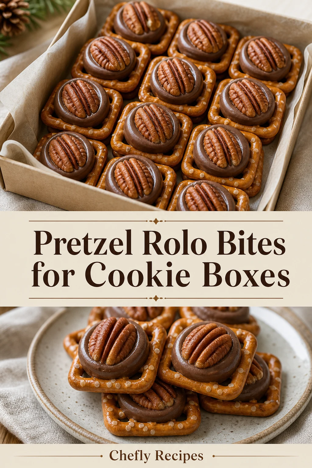 Portrait composition of pretzel Rolo pecan bites ready for a cookie box