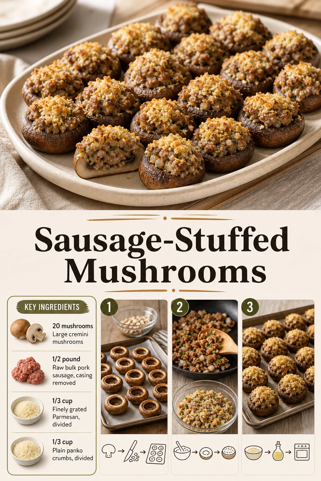 Portrait platter of baked pork-sausage stuffed mushrooms with crisp crumb topping