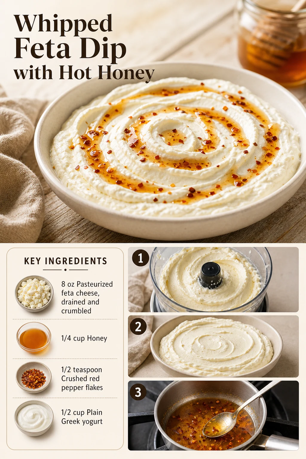 Portrait graphic of whipped feta and chili honey with the exact appetizer title