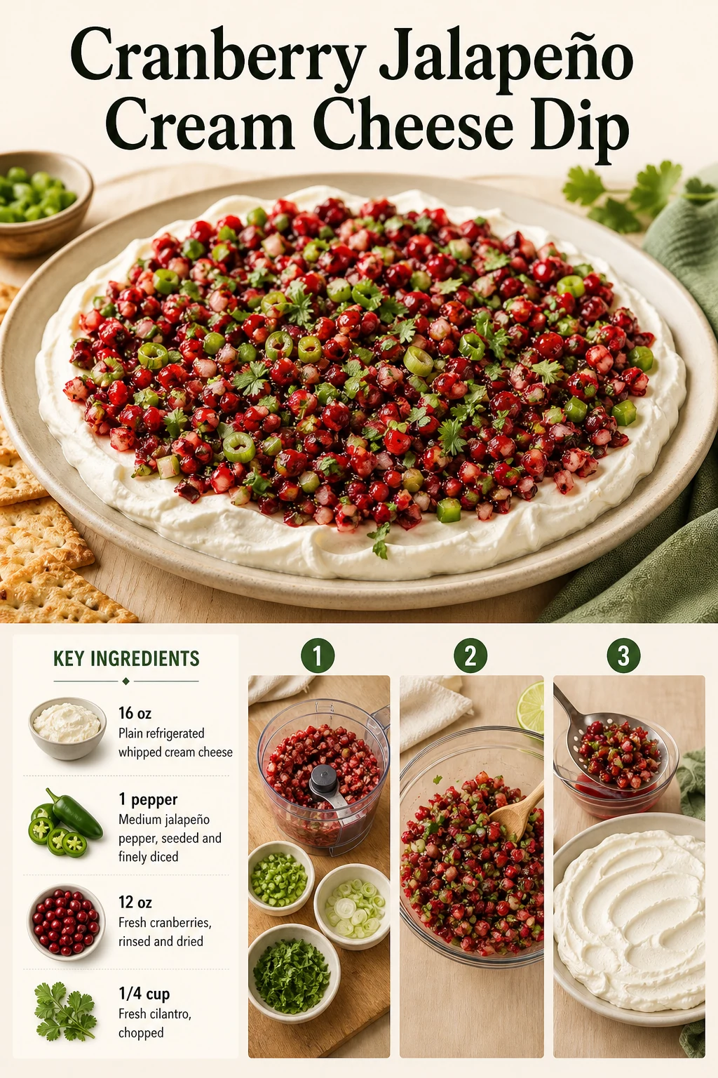 Portrait cranberry jalapeño cream cheese dip graphic with exact dish title