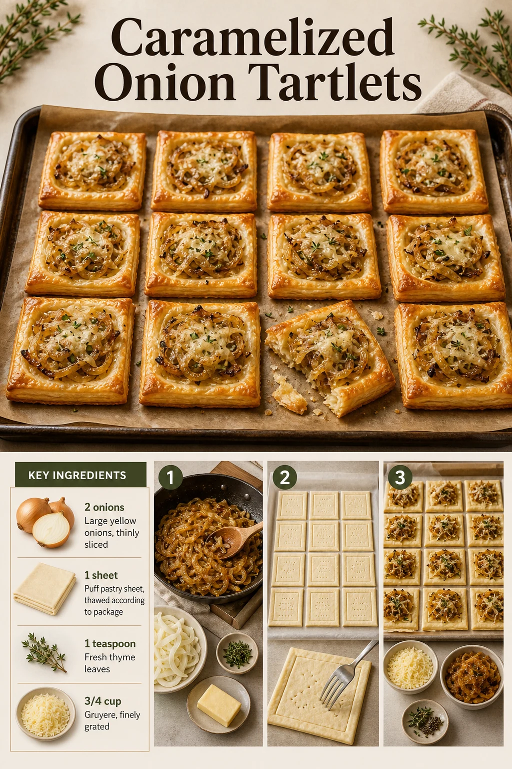 Portrait onion tartlet appetizer tray with exact title