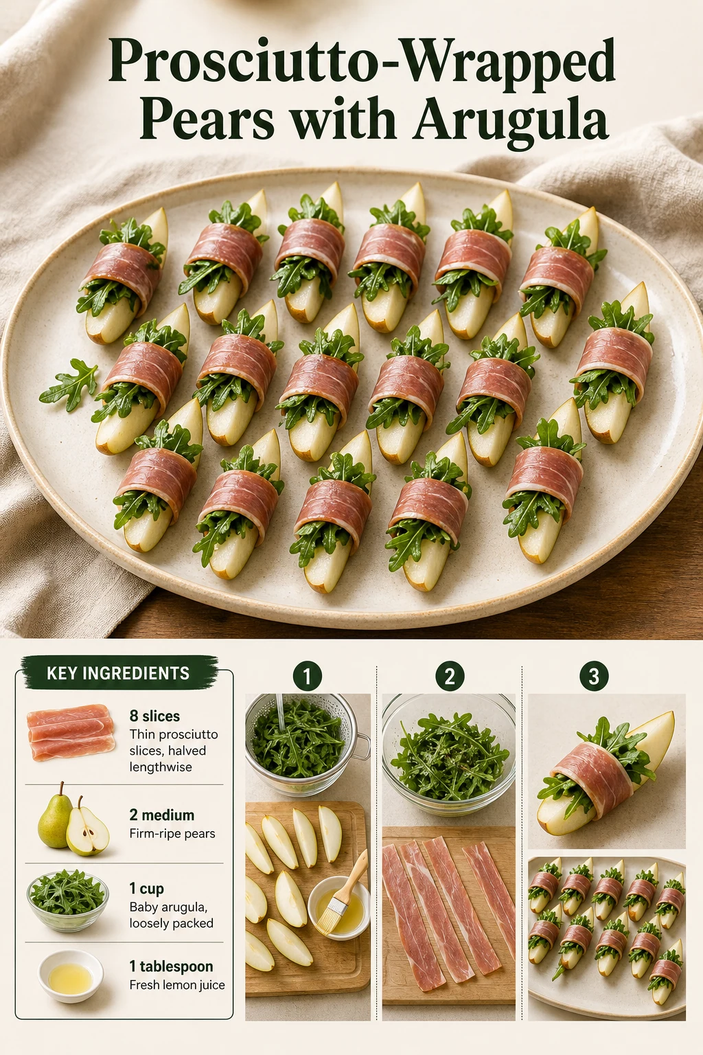Portrait graphic showing pear, arugula and prosciutto party bites