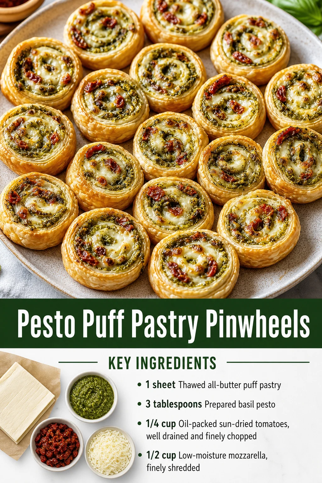 Portrait pesto puff pastry pinwheel appetizer graphic