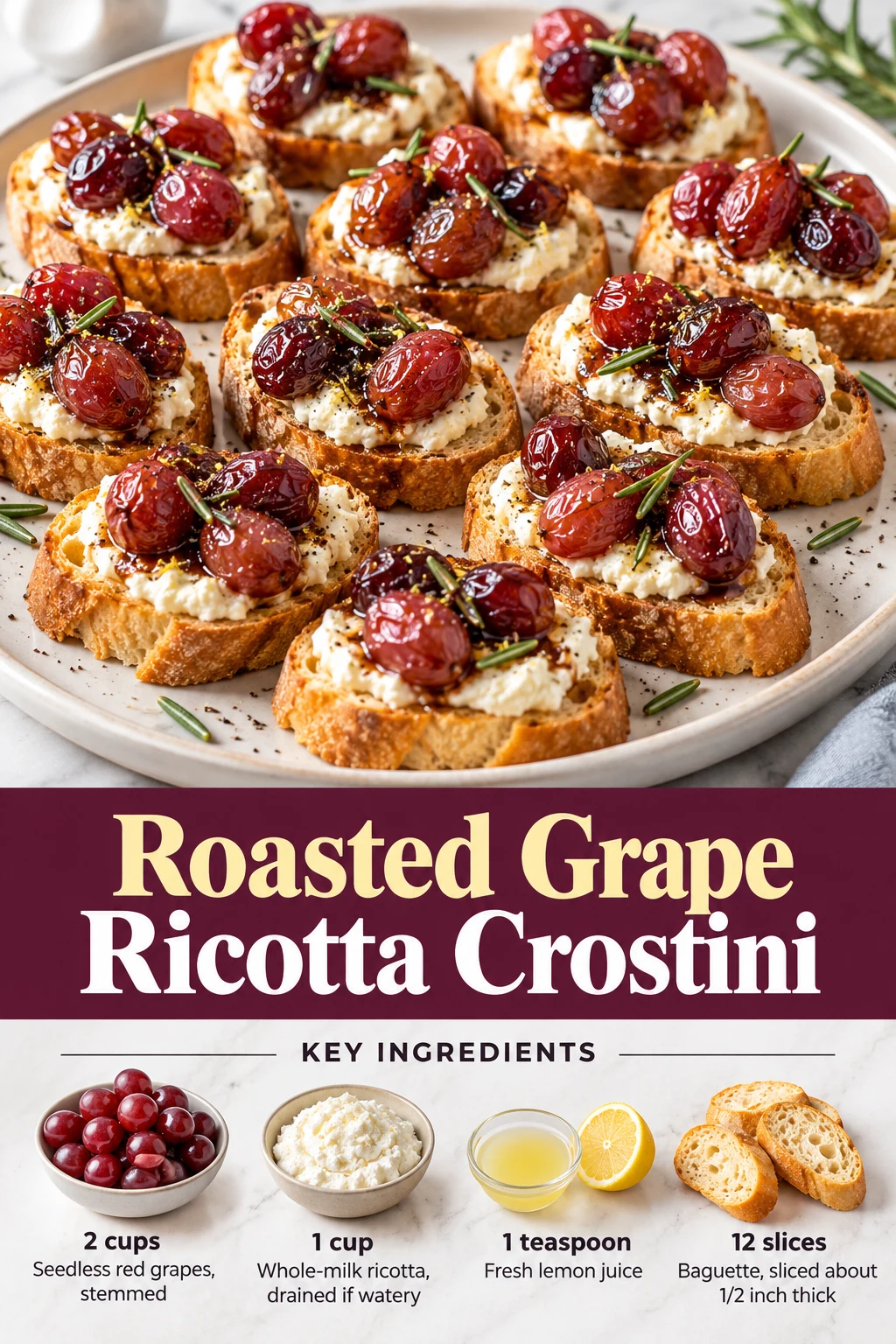 Roasted grape ricotta crostini Pin with grape-topped toasts, title and selected ingredient quantities.