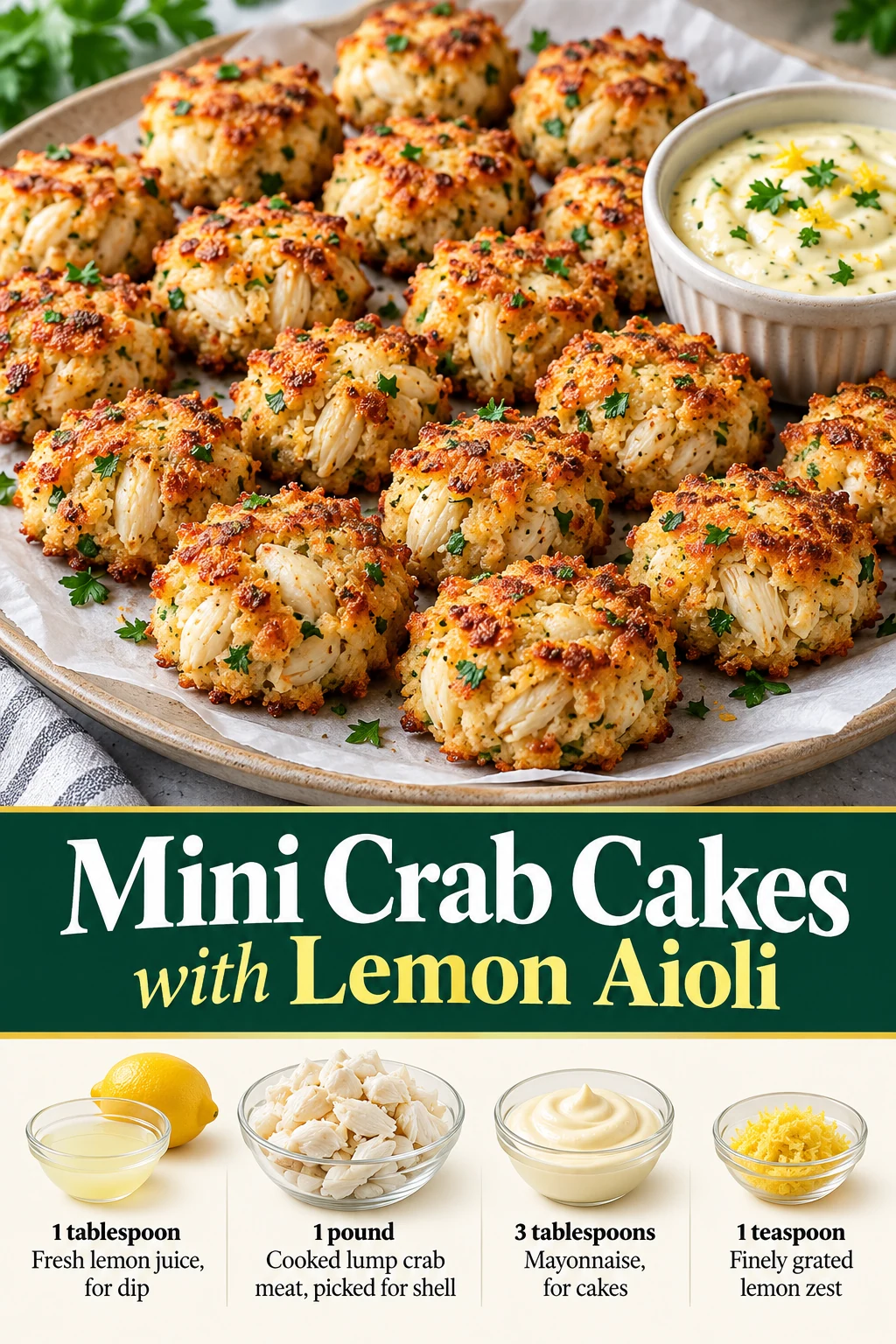 Mini crab cakes with lemon aioli Pin showing golden cakes, dip and selected ingredient quantities.