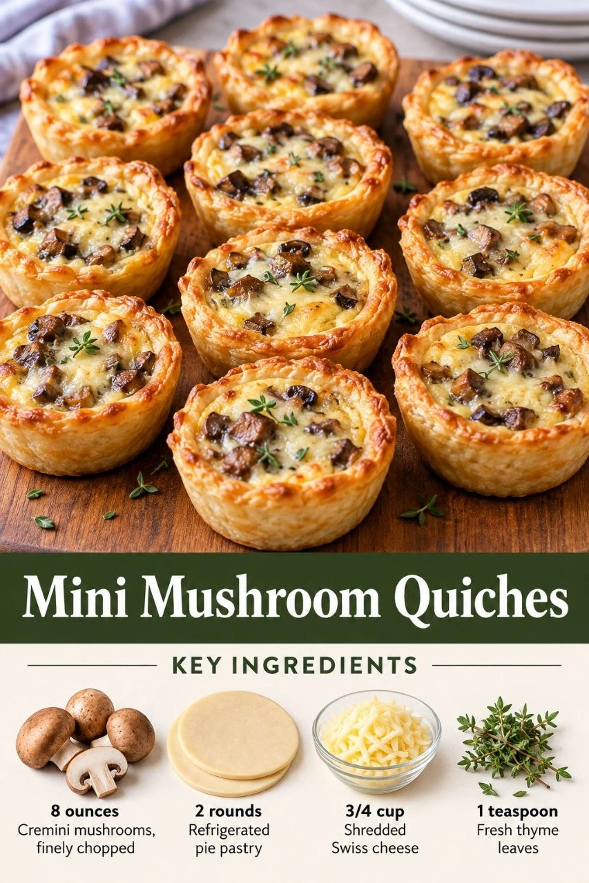 Portrait graphic showing mini mushroom quiches