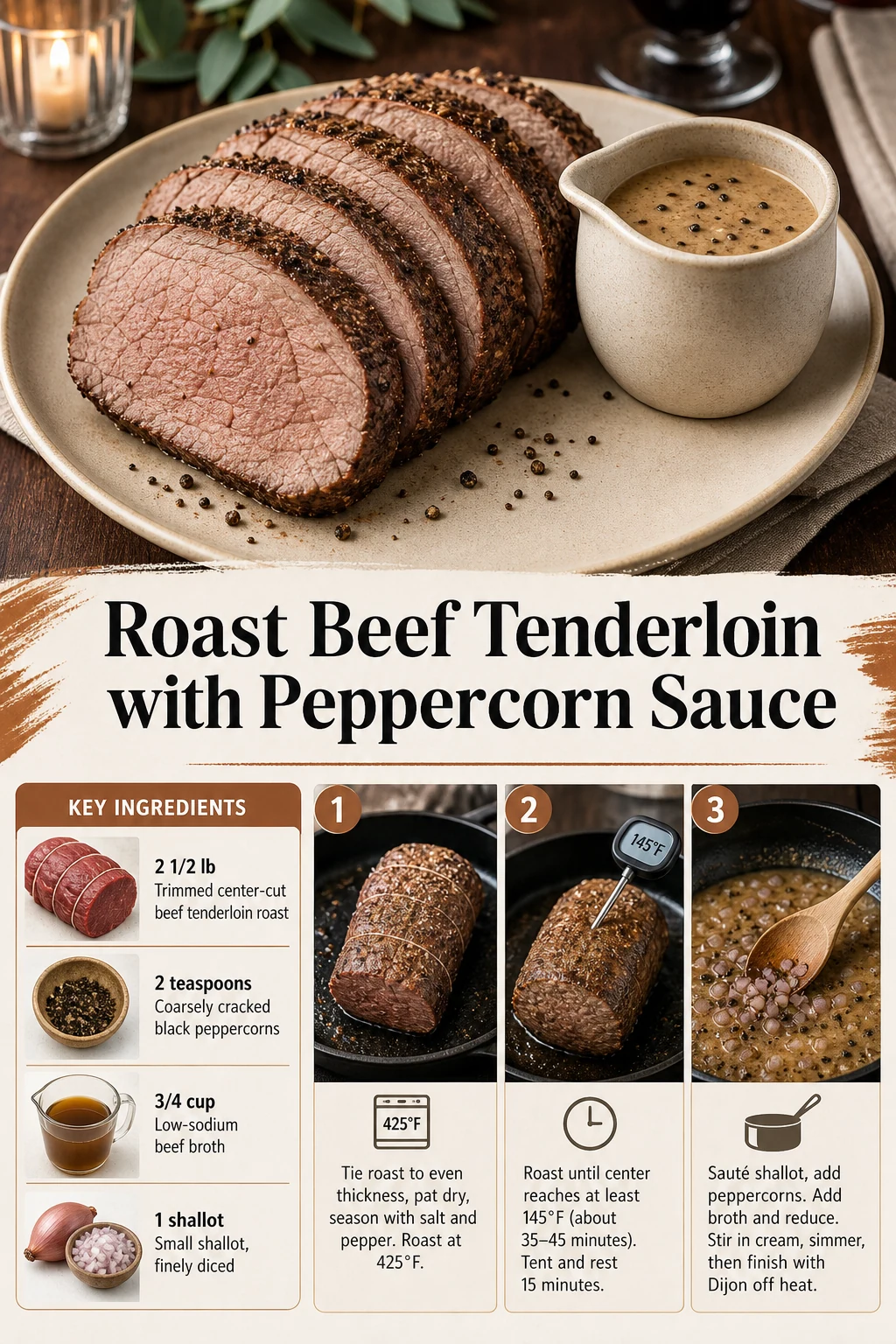 Portrait sliced beef tenderloin and peppercorn sauce graphic with exact dish title