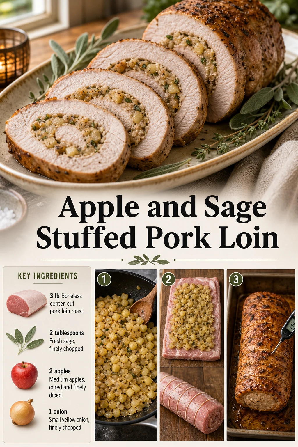 Portrait sliced stuffed pork loin with exact title