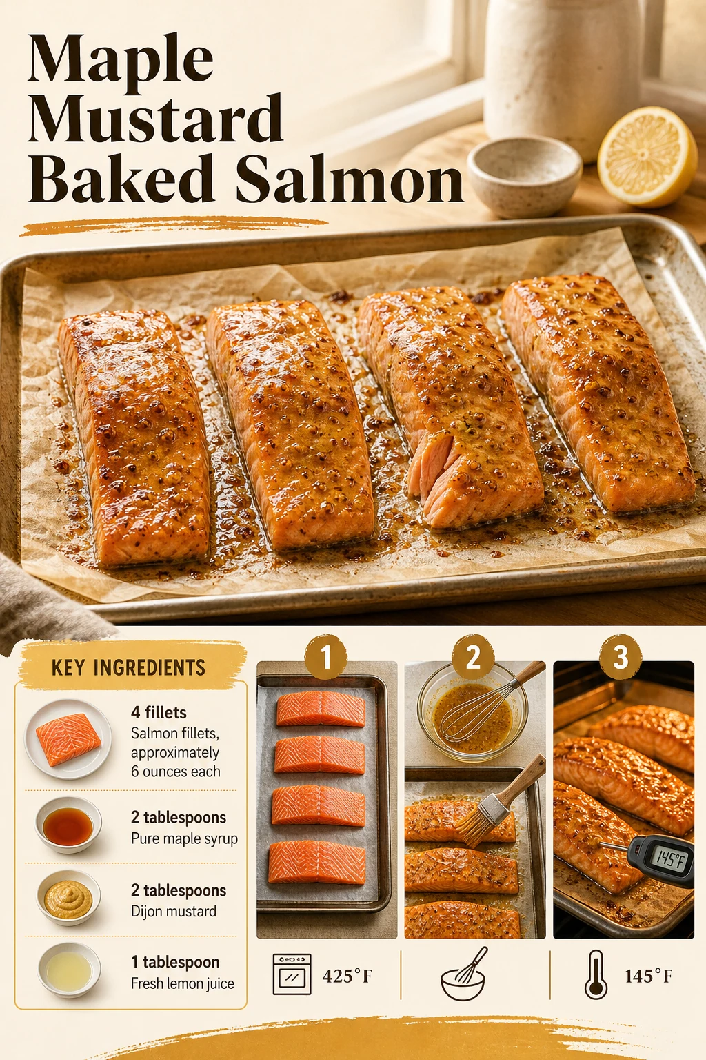 Portrait baked salmon tray with maple mustard glaze and exact title