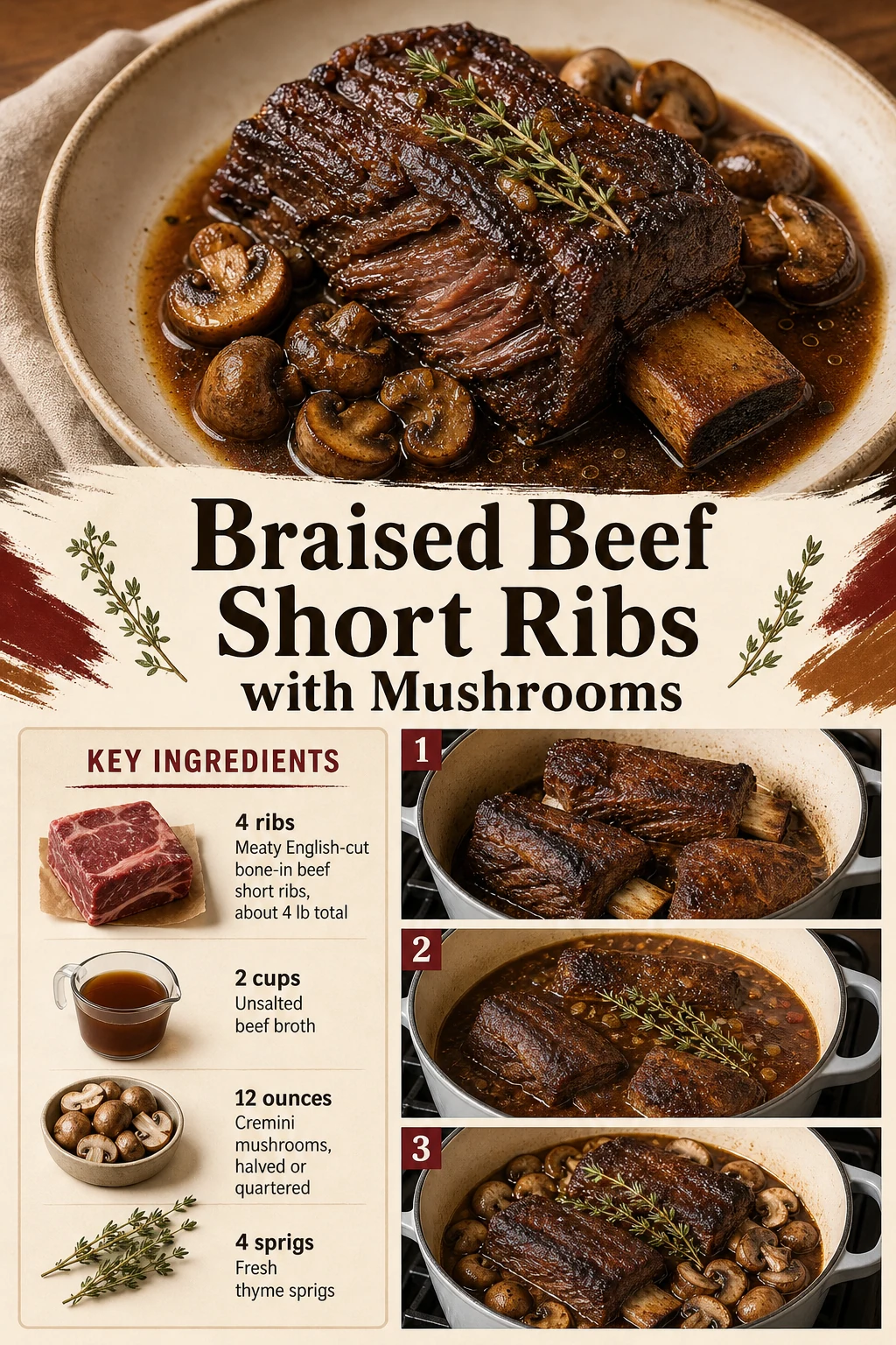 Portrait short-rib dinner and mushroom sauce with exact recipe title