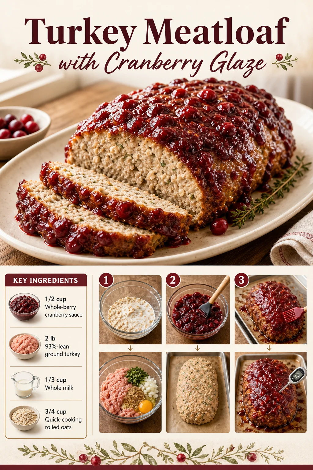 Portrait graphic of glazed turkey meatloaf with a clean cross-section