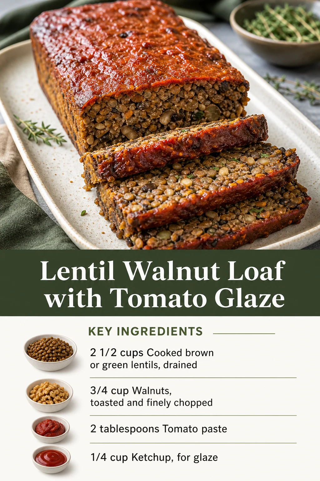 Portrait lentil walnut loaf and tomato glaze dinner graphic