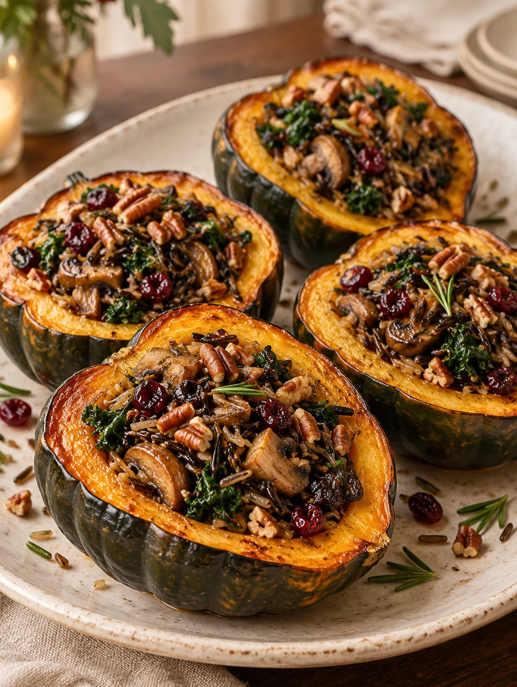 Four roasted acorn squash halves filled with wild rice, mushrooms, kale, cranberries and pecans