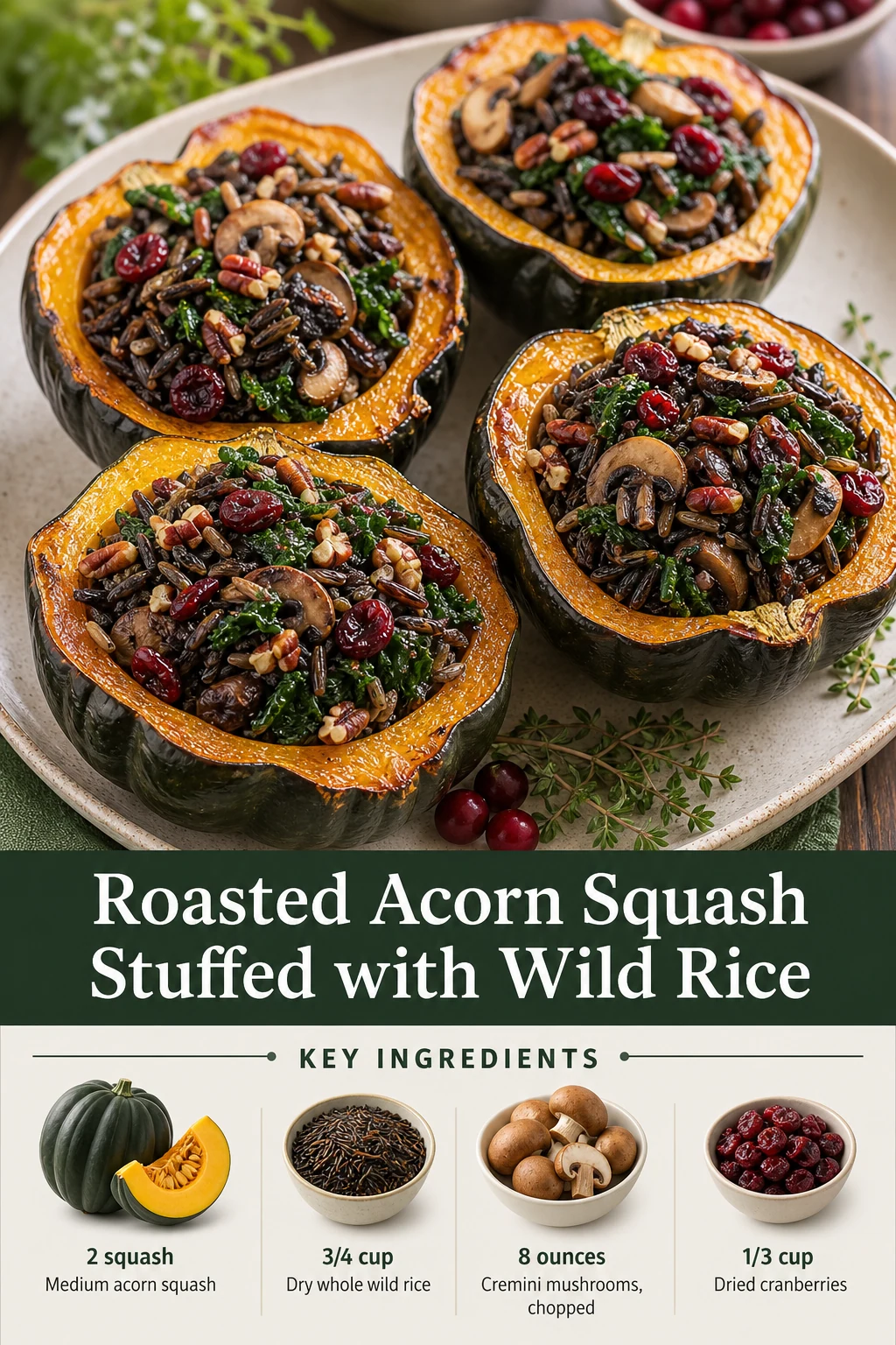 Four roasted acorn squash halves filled with wild rice, mushrooms, kale, cranberries and pecans, with title and ingredient panel