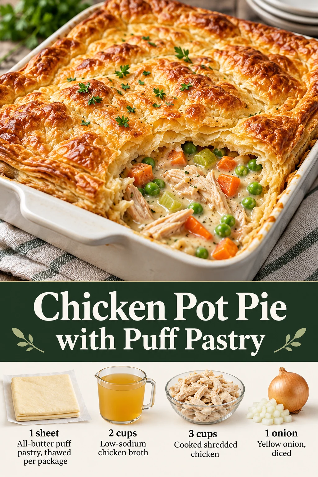 Chicken pot pie with puff pastry Pin showing a golden pastry crust, creamy filling and selected ingredients.