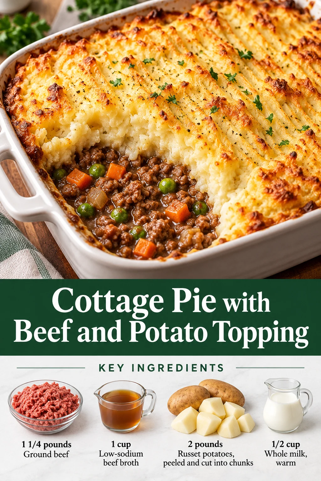 Cottage pie Pin showing browned mashed potato over beef filling, title and selected ingredients.