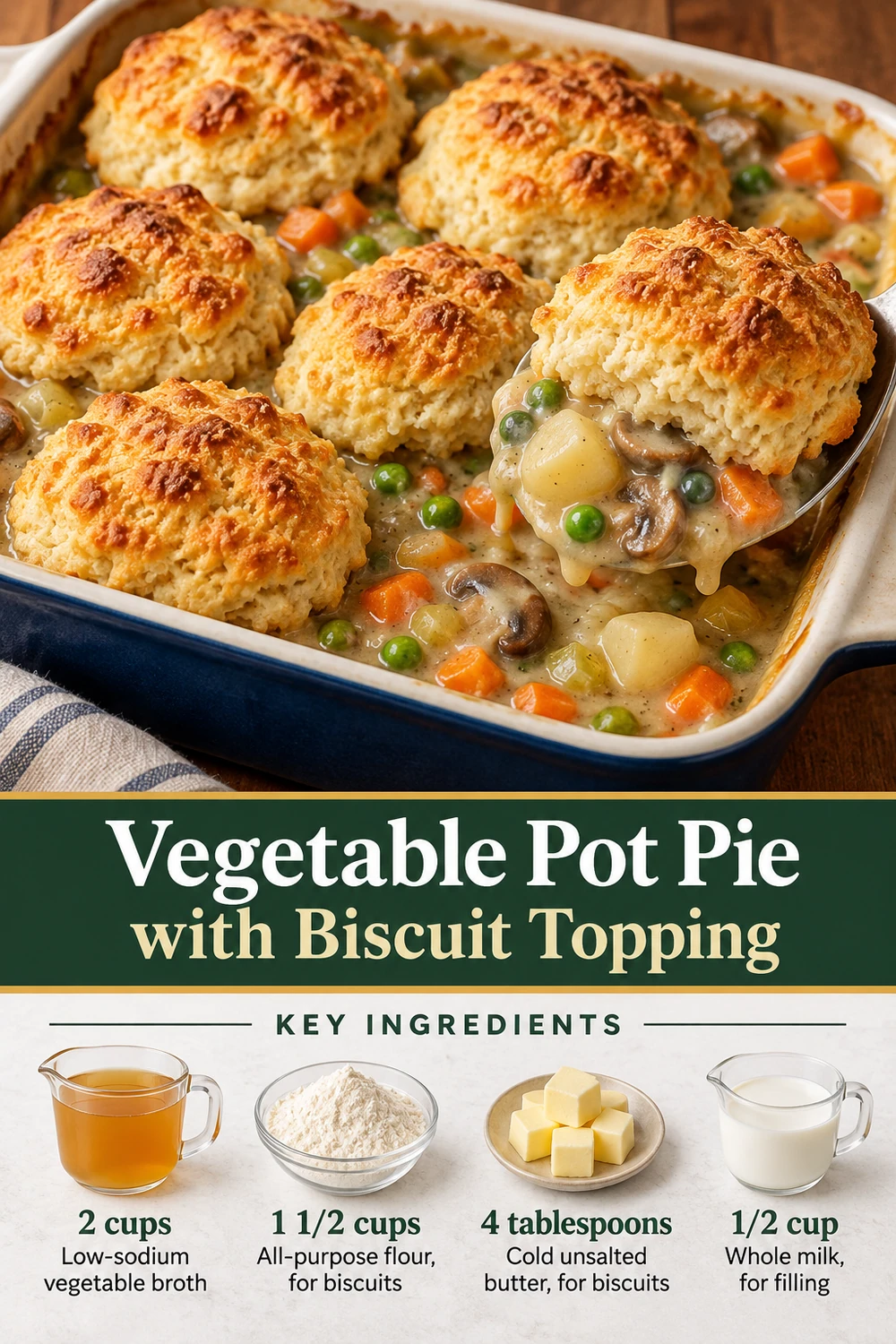 Portrait vegetable pot pie with biscuit topping graphic