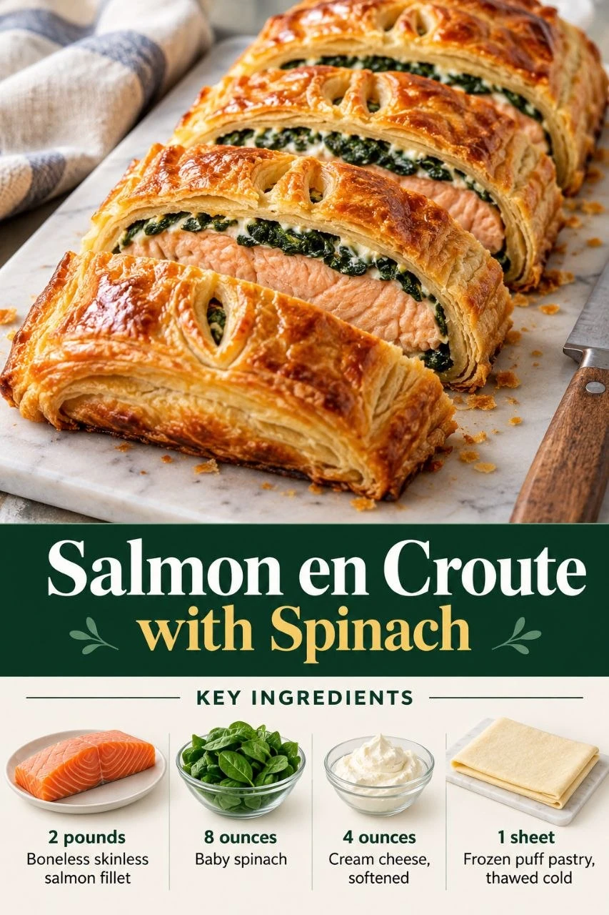Portrait salmon en croute with spinach graphic