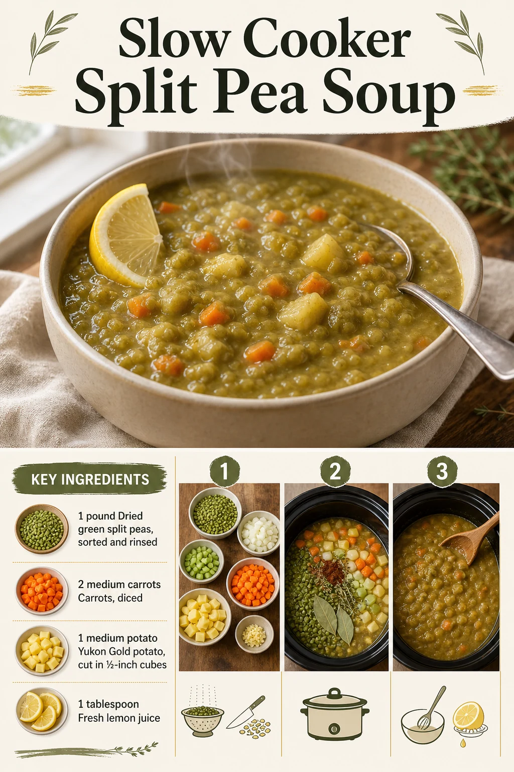 Portrait split-pea soup bowl and close-up with exact recipe title