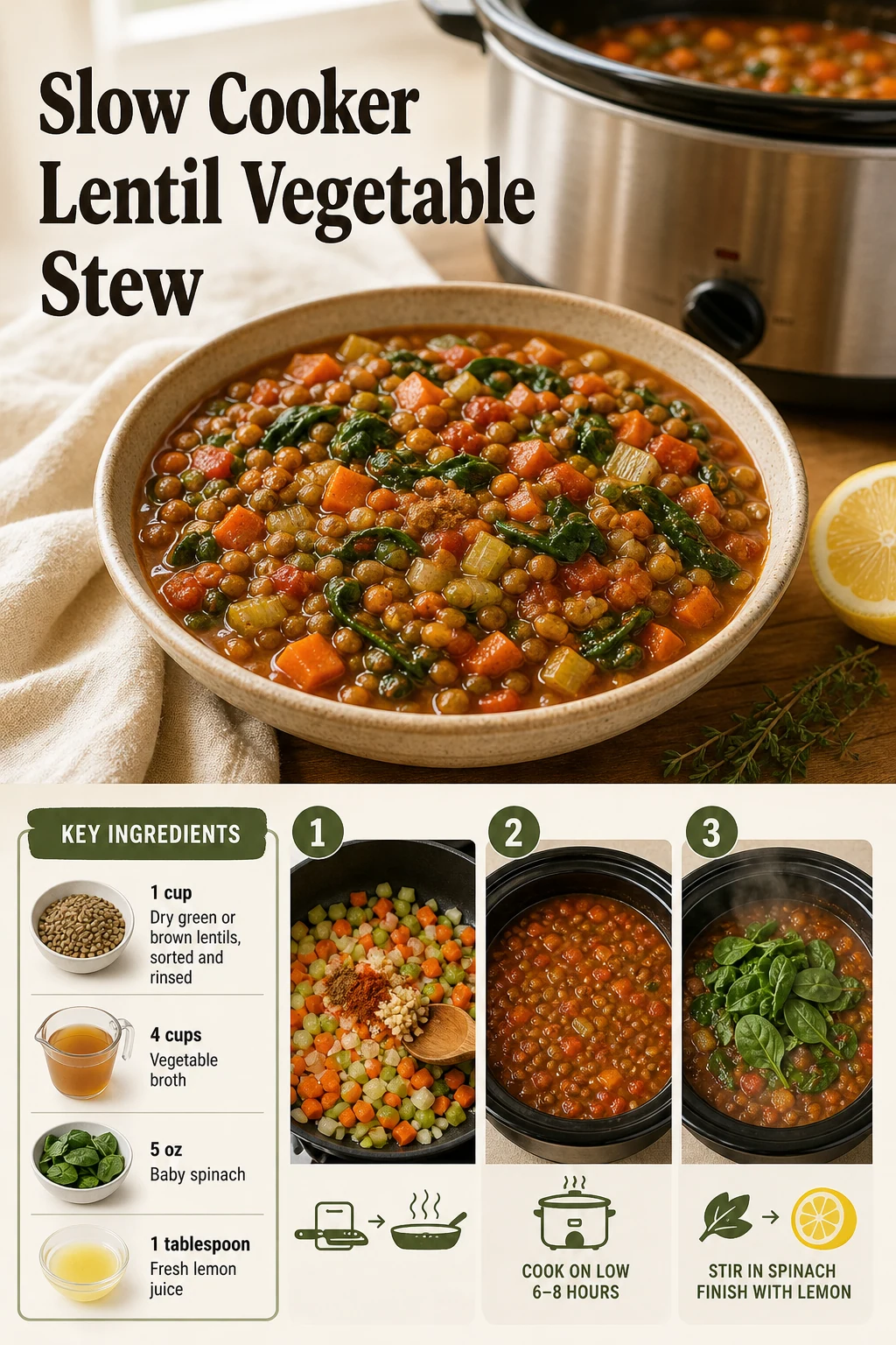 Portrait slow-cooker lentil vegetable stew graphic linking to the existing Chefly page
