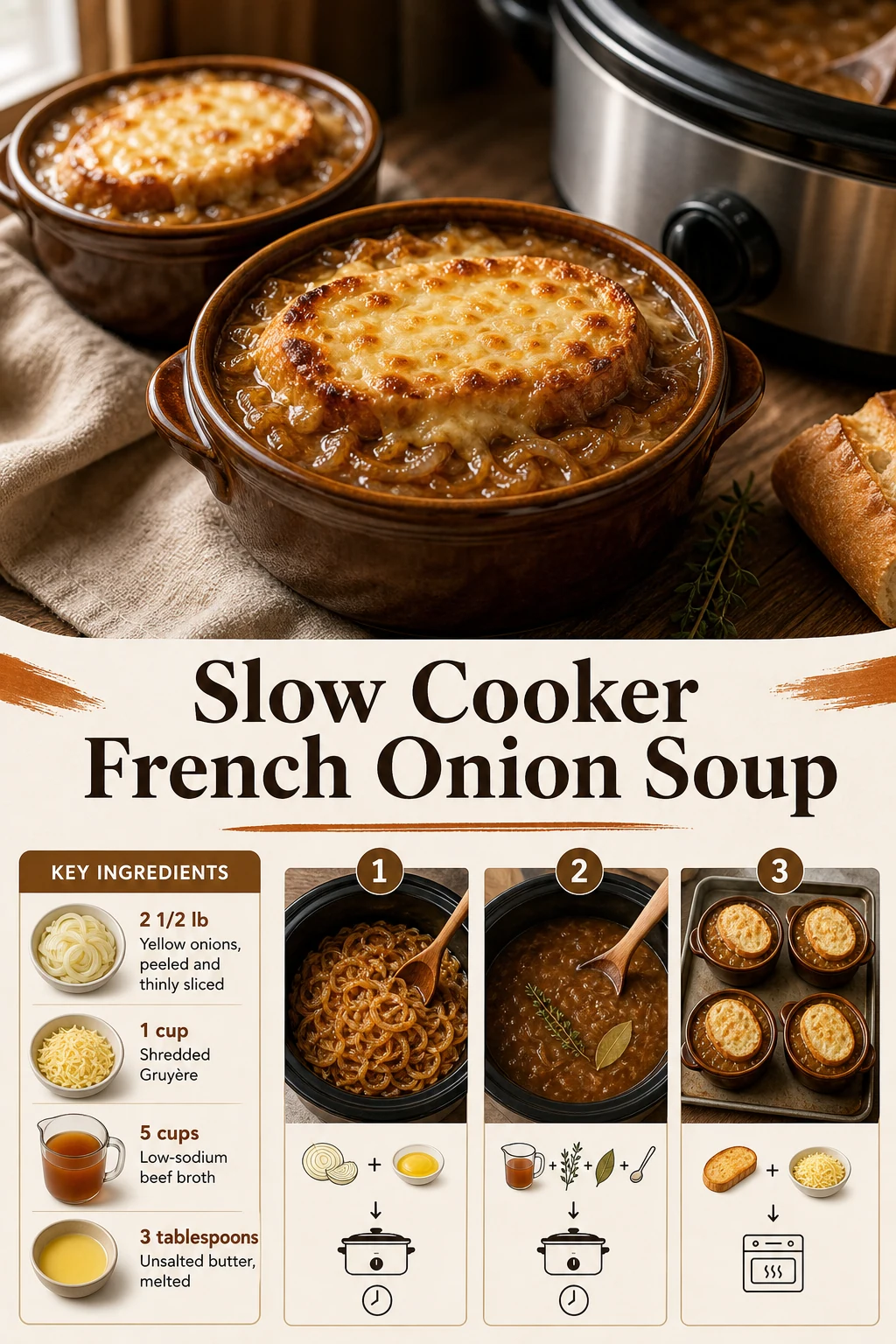 Portrait French onion soup with cheese toast graphic