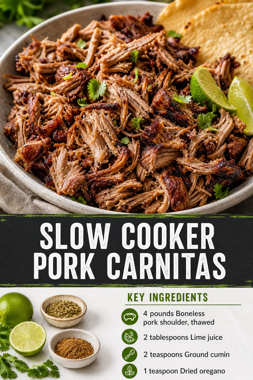 Portrait slow cooker pork carnitas with crisp edges
