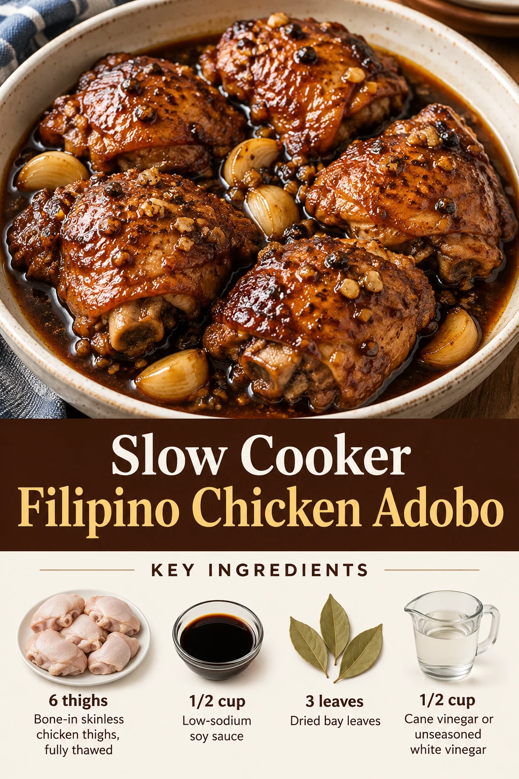 Slow cooker Filipino chicken adobo Pin showing browned chicken in dark sauce and selected ingredient quantities.