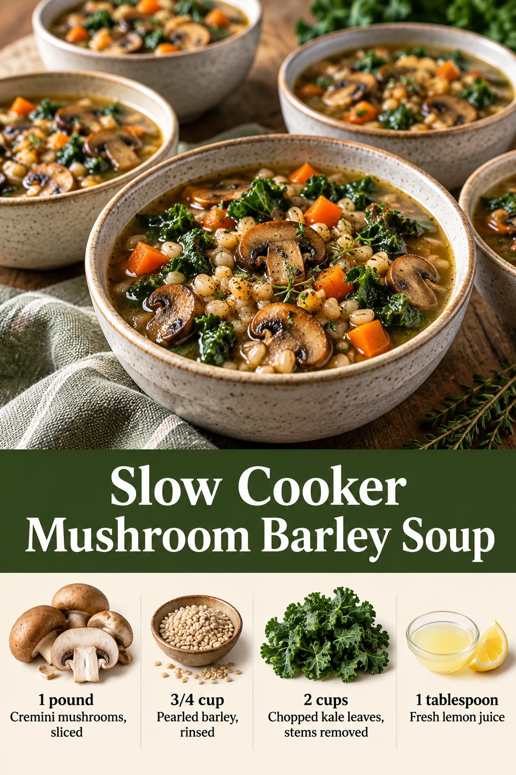 Slow cooker mushroom barley soup Pin with mushroom-filled broth, barley, greens and selected ingredients.