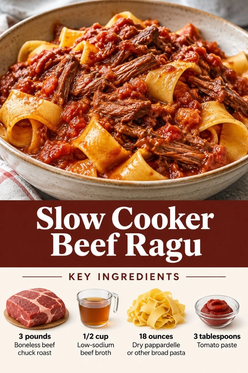 Portrait slow cooker beef ragù graphic