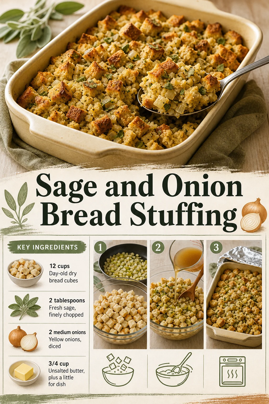 Portrait view of herby bread stuffing with golden top and one spooned serving