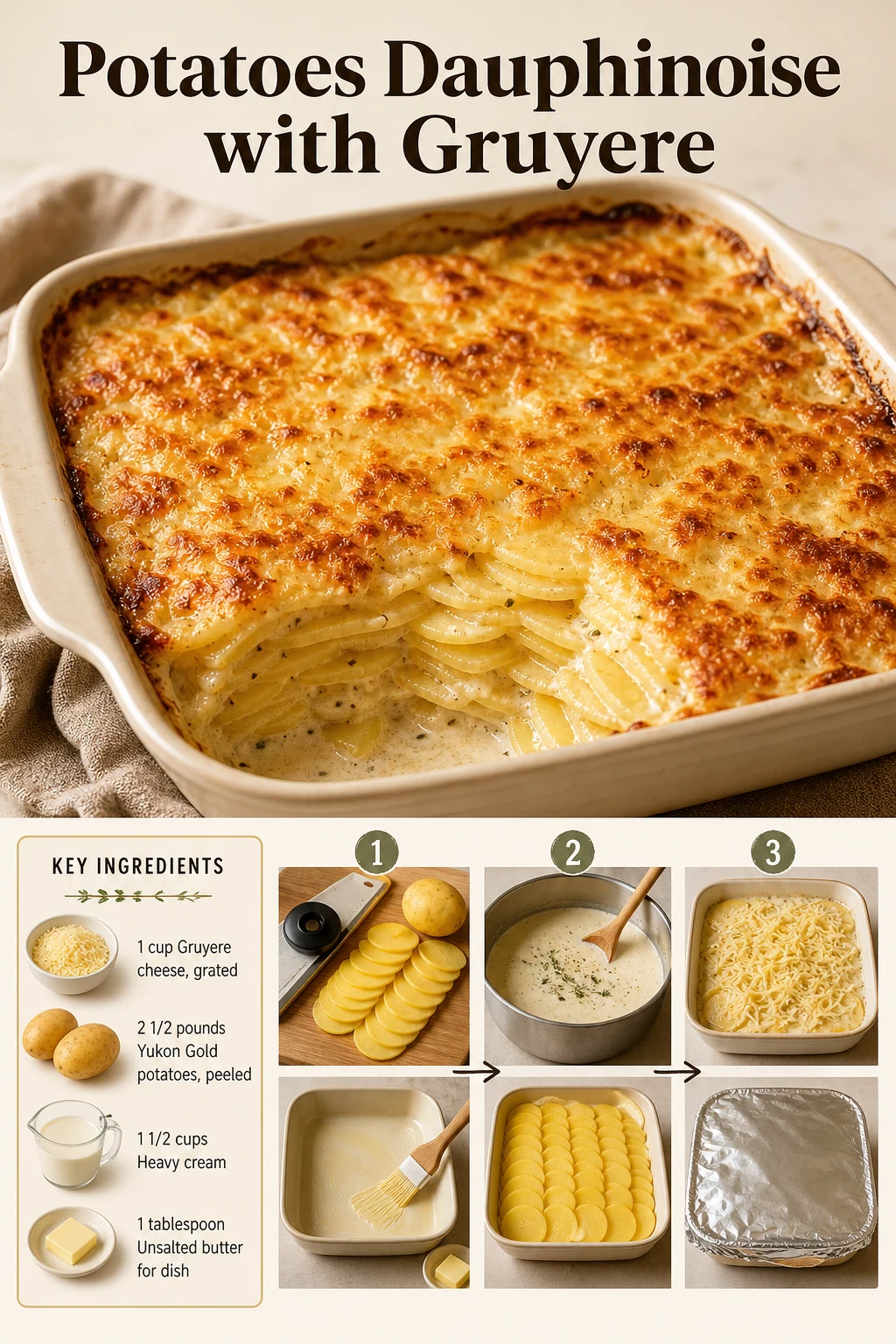 Portrait creamy potato gratin with exact title