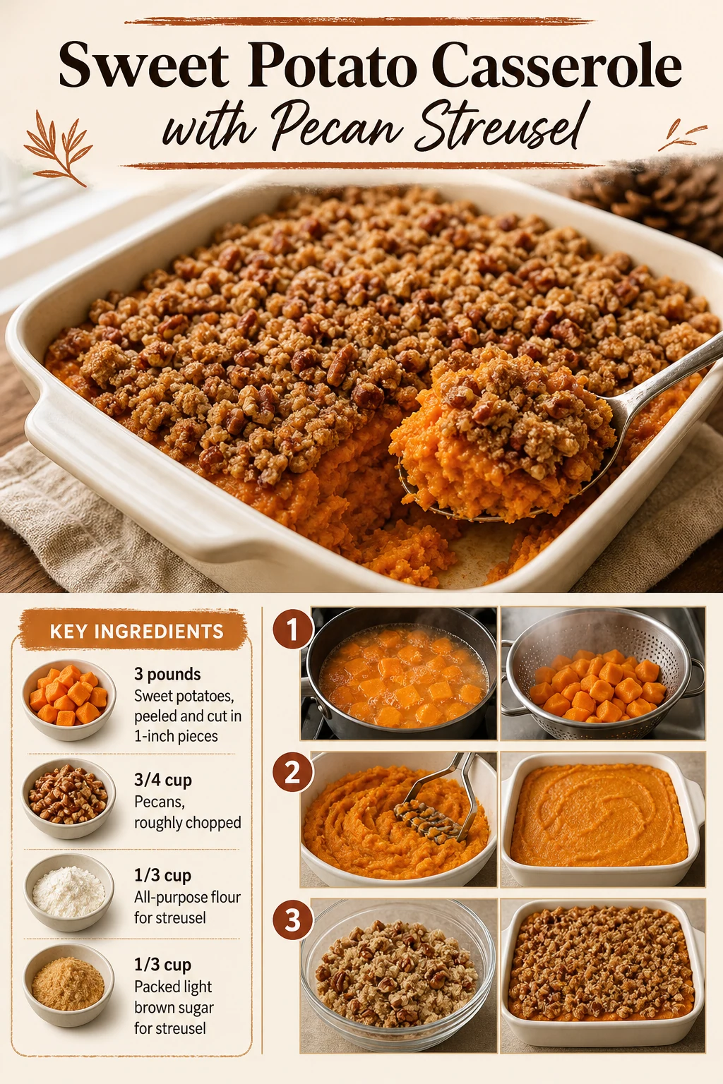Portrait spoonful of pecan-streusel sweet potato casserole with exact title