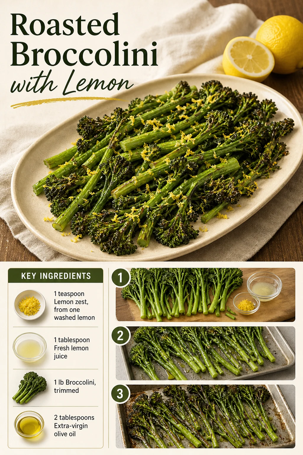 Portrait graphic of roasted broccolini with a lemon finish