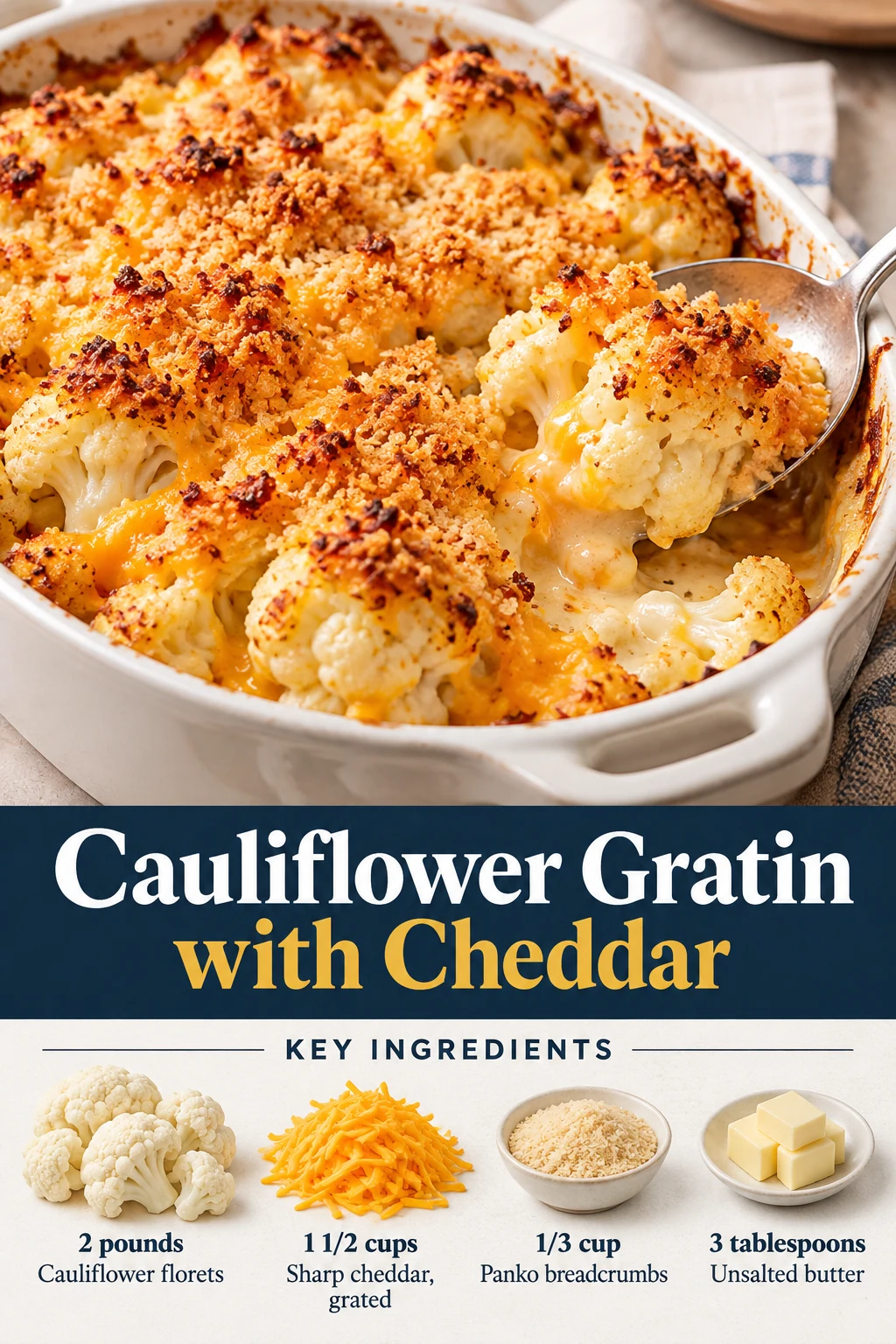 Cauliflower gratin with cheddar Pin showing a golden casserole, title and selected ingredient quantities.