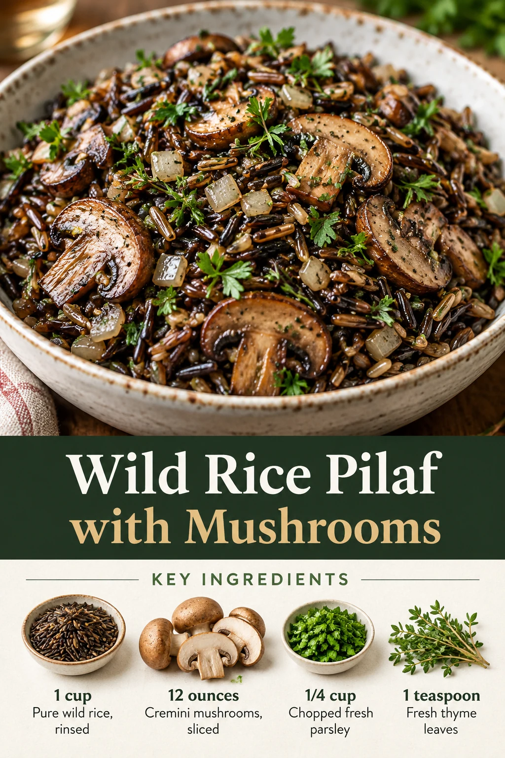 Wild rice pilaf with mushrooms Pin showing dark rice grains, mushrooms and selected ingredient quantities.