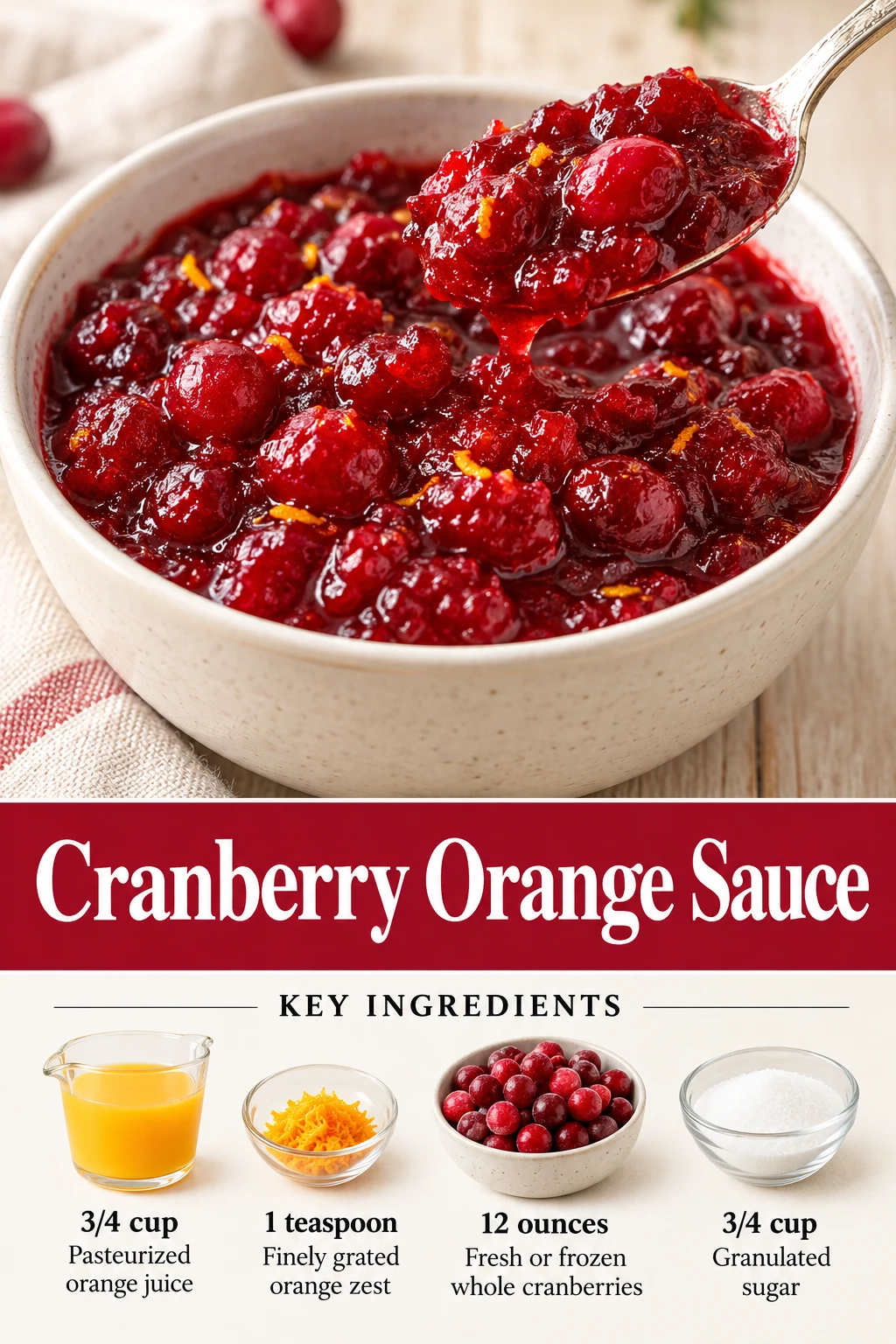 Cranberry orange sauce Pin with glossy red sauce, title and selected cranberry and citrus ingredients.
