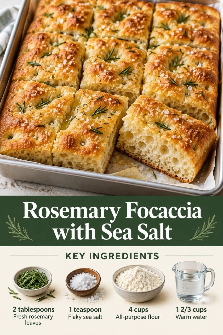 Portrait rosemary focaccia with sea salt graphic