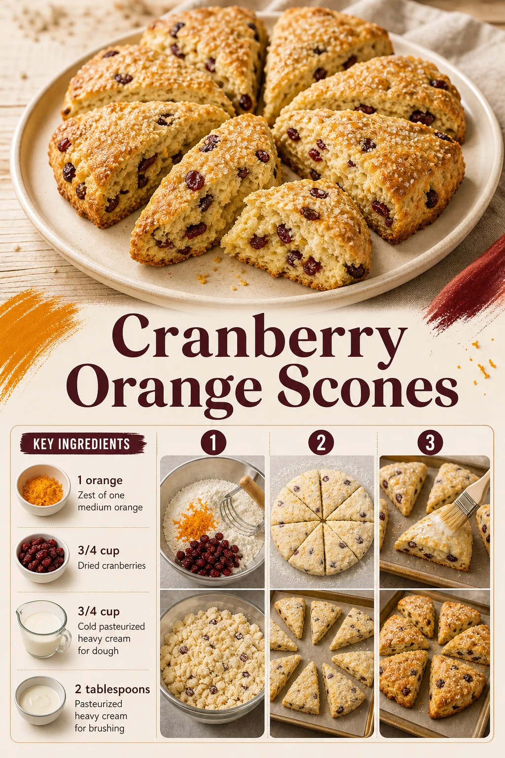 Portrait grouping of cranberry orange wedge scones with one broken open to show baked crumb